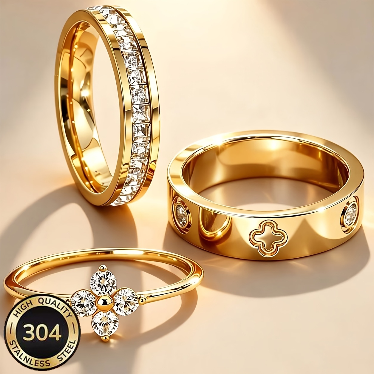 Set of 3 Women's 18K Gold-Plated Rings — Stackable Gift Set